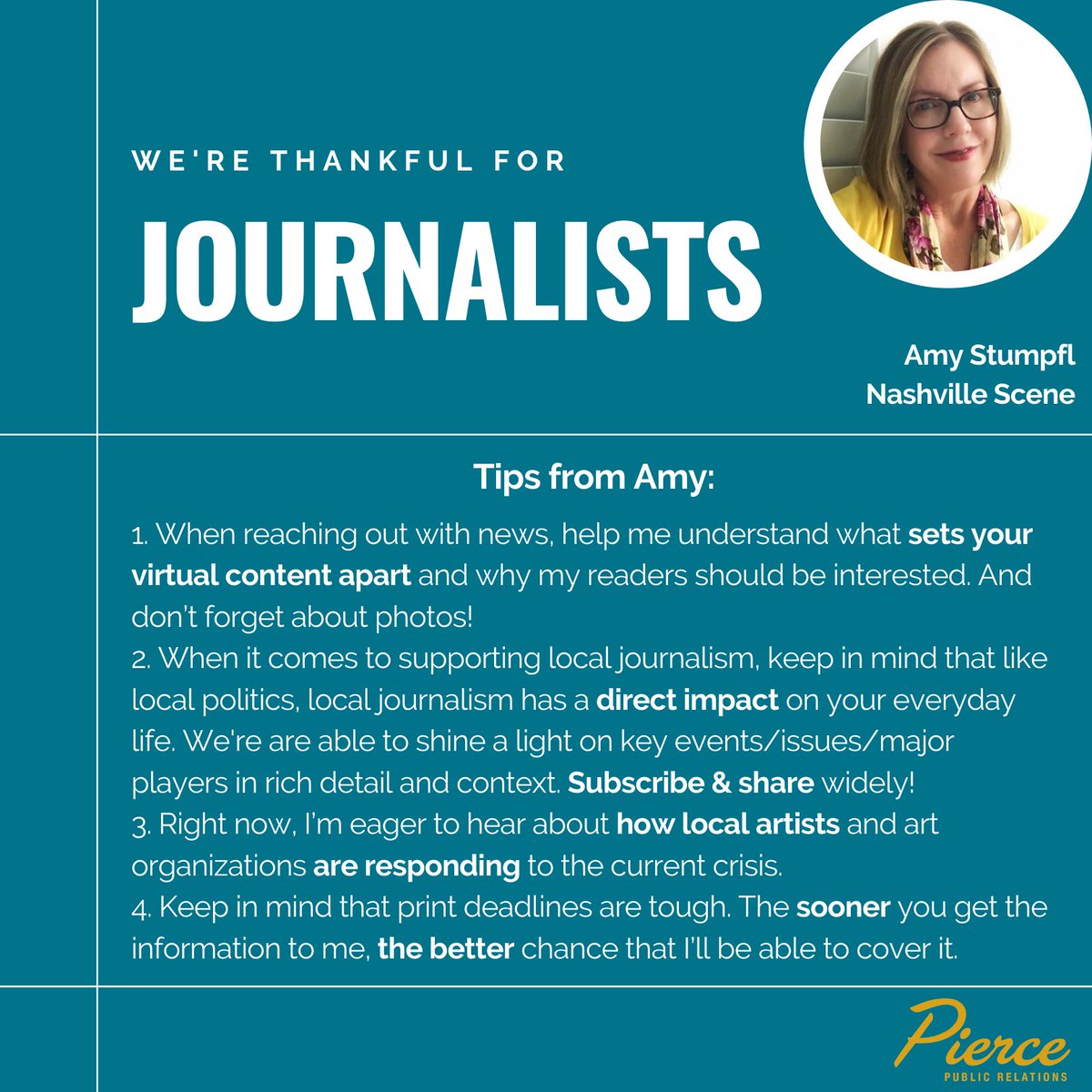 Pierce PR (@pierce_pr) on Twitter photo We’re continuing to thank local journalists for their valuable reporting and sharing tips on working with them in the current environment. The series continues with insights from @amystumpfl at the <a href="/NashvilleScene/">Nashville Scene</a>! #ThankYouJournalists We’re continuing to thank local journalists for their valuable reporting and sharing tips on working with them in the current environment. The series continues with insights from @amystumpfl at the <a href="/NashvilleScene/">Nashville Scene</a>! #ThankYouJournalists