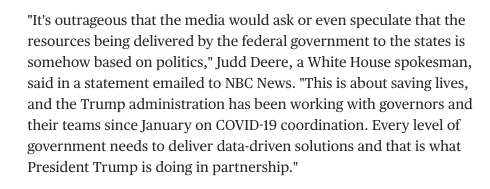 So what are we left with?The White House itself says that to even “speculate” that it is playing politics with the federal response is “outrageous.” https://www.nbcnews.com/politics/white-house/political-influence-skews-trump-s-coronavirus-response-n1191236