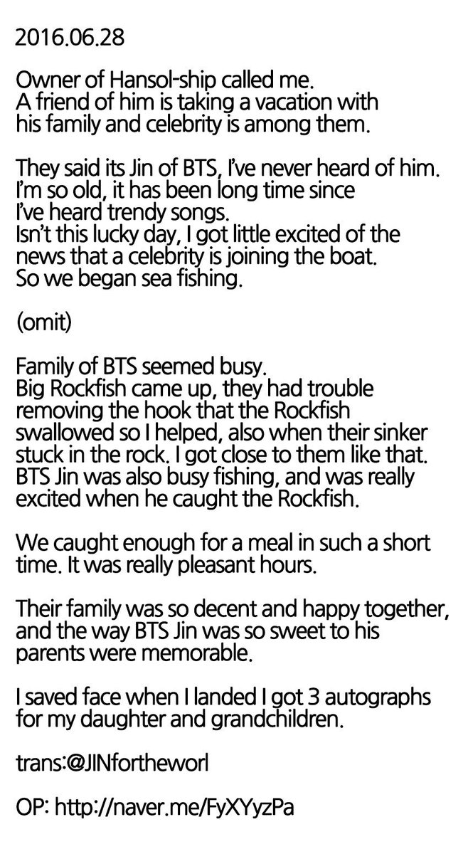 In 2016, Jin family went fishing & OP said Jin was very sweet to his family