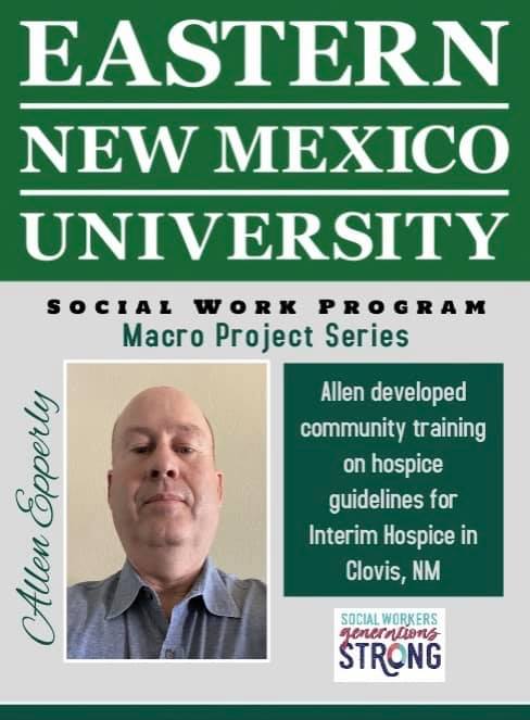 SASWatENMU's tweet photo. The ENMU Social Work Program is recognizing BSW students for their creativity and ingenuity by creating change for their community. Today, we are recognizing Allen Epperly! #MacroSW #SWGenerationsStrong #SocialWorkStrong #ENMU #StudentSocialWorkers https://t.co/3FYp1vTiMz