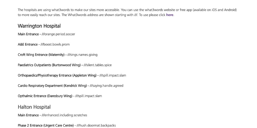 List of access points to the Warrington Hospital, each with a what3words address
