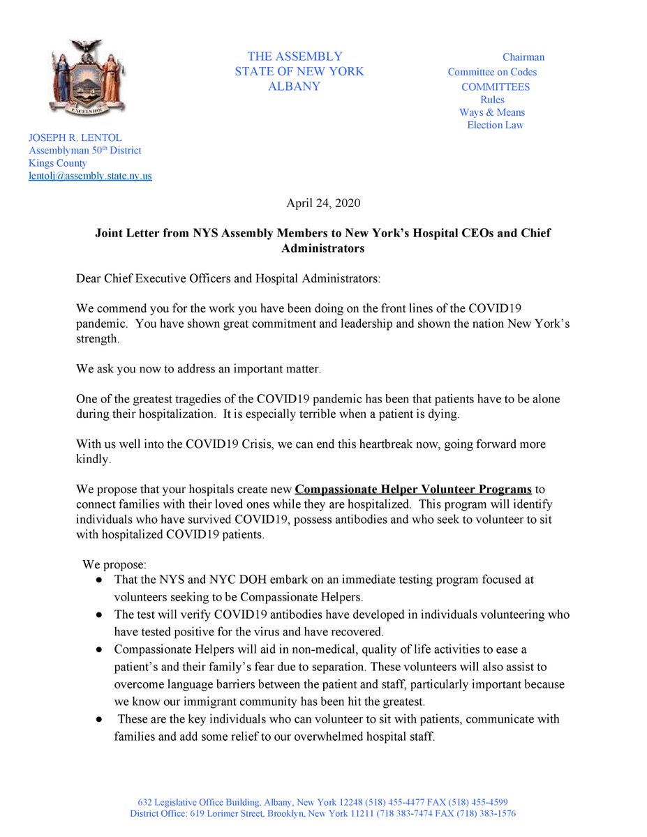 I am introducing the  #COVID19 Compassionate Helper Volunteer Program w/ 37 of my colleagues, which will utilize volunteers to connect families w/ their loved ones who are hospitalized with COVID19. Full letter:  https://www.dropbox.com/s/7q4ympdqk24ju8u/Lentol-CHVP.pdf?dl=0Press release:  https://www.dropbox.com/s/dbhmpvtddrtbhc8/COVID19%20Compassionate%20Helper%20Volunteer%20Program.pdf?dl=0
