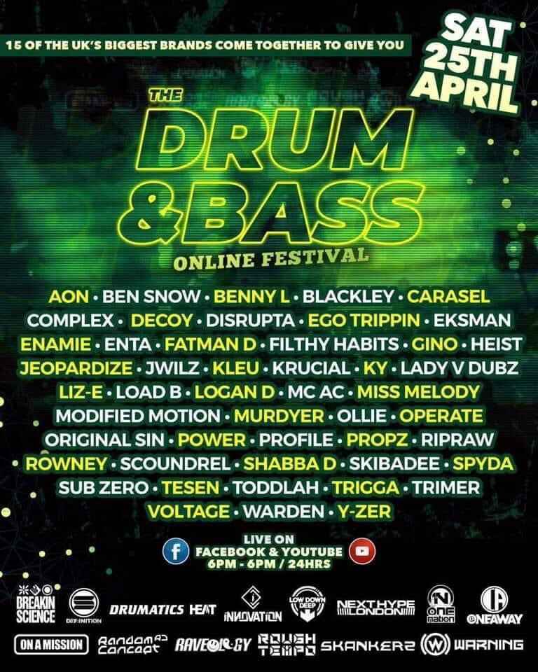 Drum &amp; Bass online festival this Saturday 🔥 <a href="/breakinscience/">Breakin Science</a> <a href="/DefinitionDnB/">#Def:initionDnB</a> <a href="/LOWDOWNDEEPRECS/">LOW DOWN DEEP</a> <a href="/RoughTempo/">Rough Tempo</a> <a href="/OneAwayEvent/">OneAwayEvent</a>