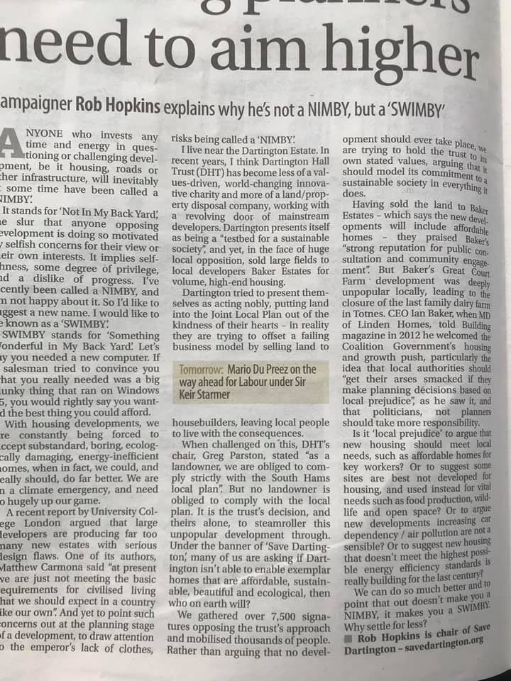 robintransition's tweet photo. Here is an article I wrote for @WMNNews today about being a SWIMBY, planning, insatiable developers and how @Dartington are becoming increasingly adrift from their values. #SWIMBY https://t.co/e4Gr6mfhxH