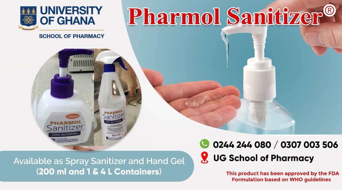UnivofGh's tweet photo. Available now - Newly manufactured alcohol-based hand sanitizers by the School of Pharmacy @UnivofGh 

More details here...
https://t.co/49nmuucE0V

#Covid_19 
#StaySafe

@univers1057fm 
@UnivGh_VC 
@aba_amfo https://t.co/jfGOtmn5l7