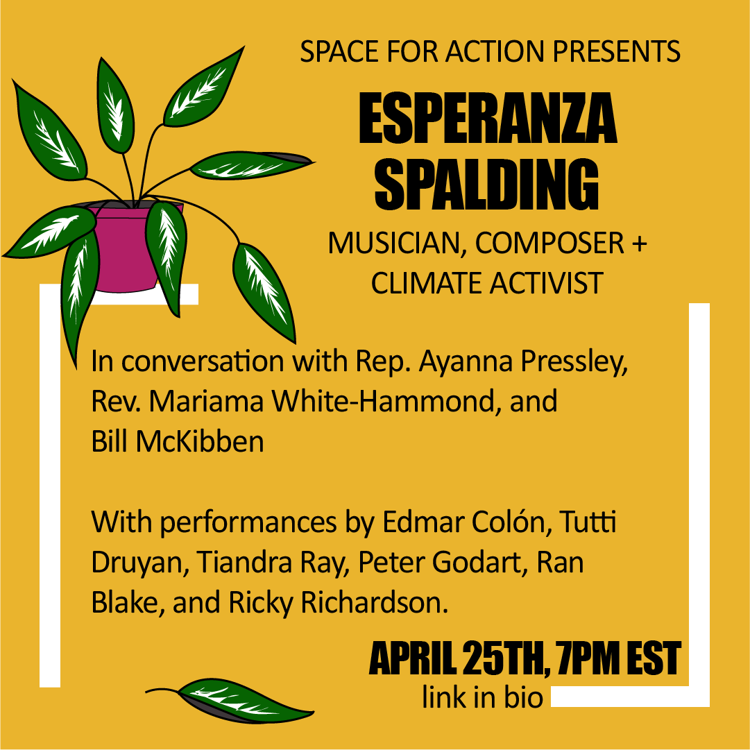 space4action's tweet photo. Spotlight for “Space For Action: Rebuilding a Sustainable World” - Grammy-winning composer/vocalist/bassist and environmental activist Esperanza Spalding! Sat, 4/25 at 7pm EST. Register Here: https://t.co/EfGOWgUcFI
 
@EspeSpalding #EarthDay2020 #Earthjustice #ClimateJustice https://t.co/GqHkP1G55L