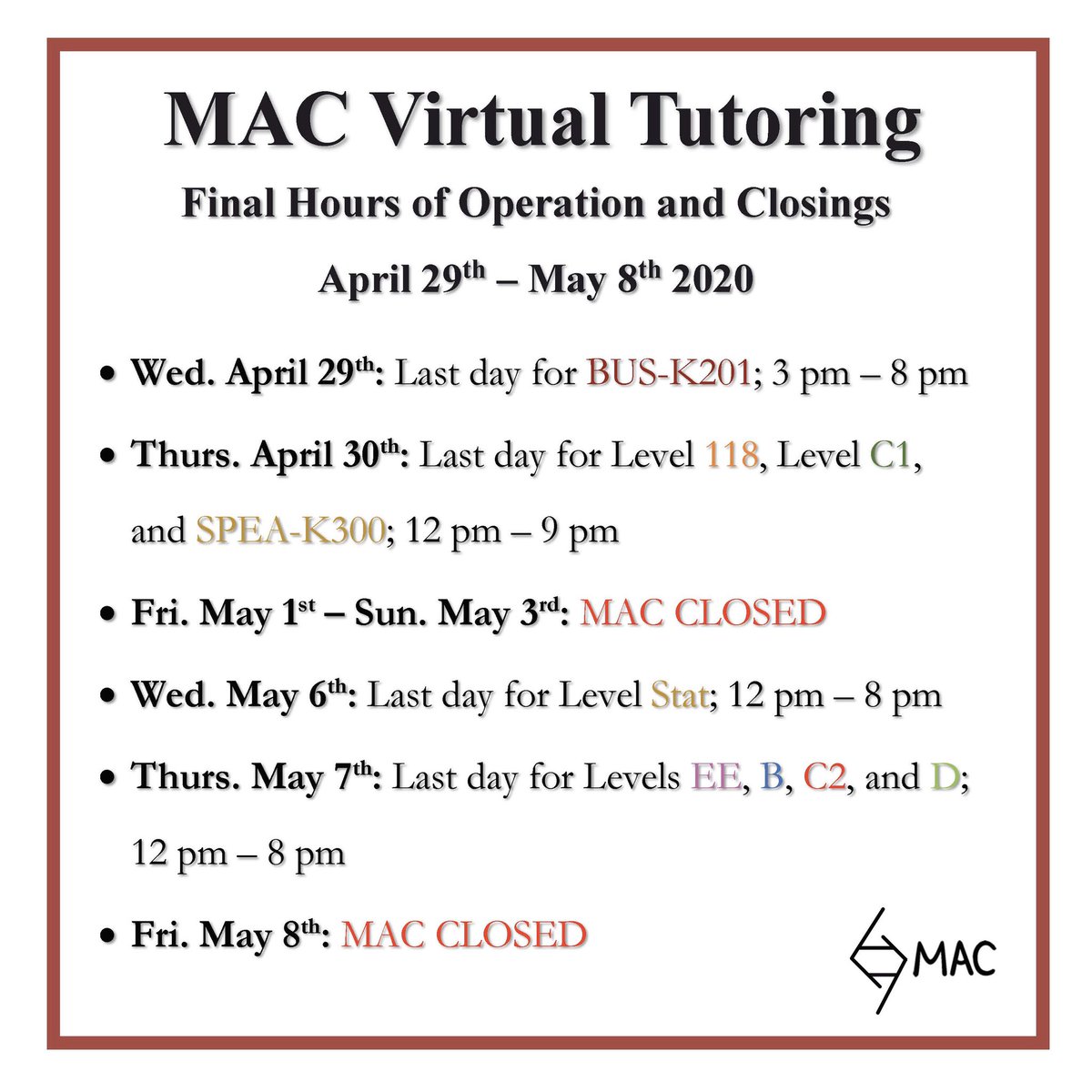 Please check out both photos for our extended hours, final hours of operation, and closing dates! 
#iupui #mac #macatiupui #virtual #virutaltutoring #online #resources #math #mathiupui #iu #mathematics #mathematicsassistancecenter #tutoring #mathtutoring #mathassistance