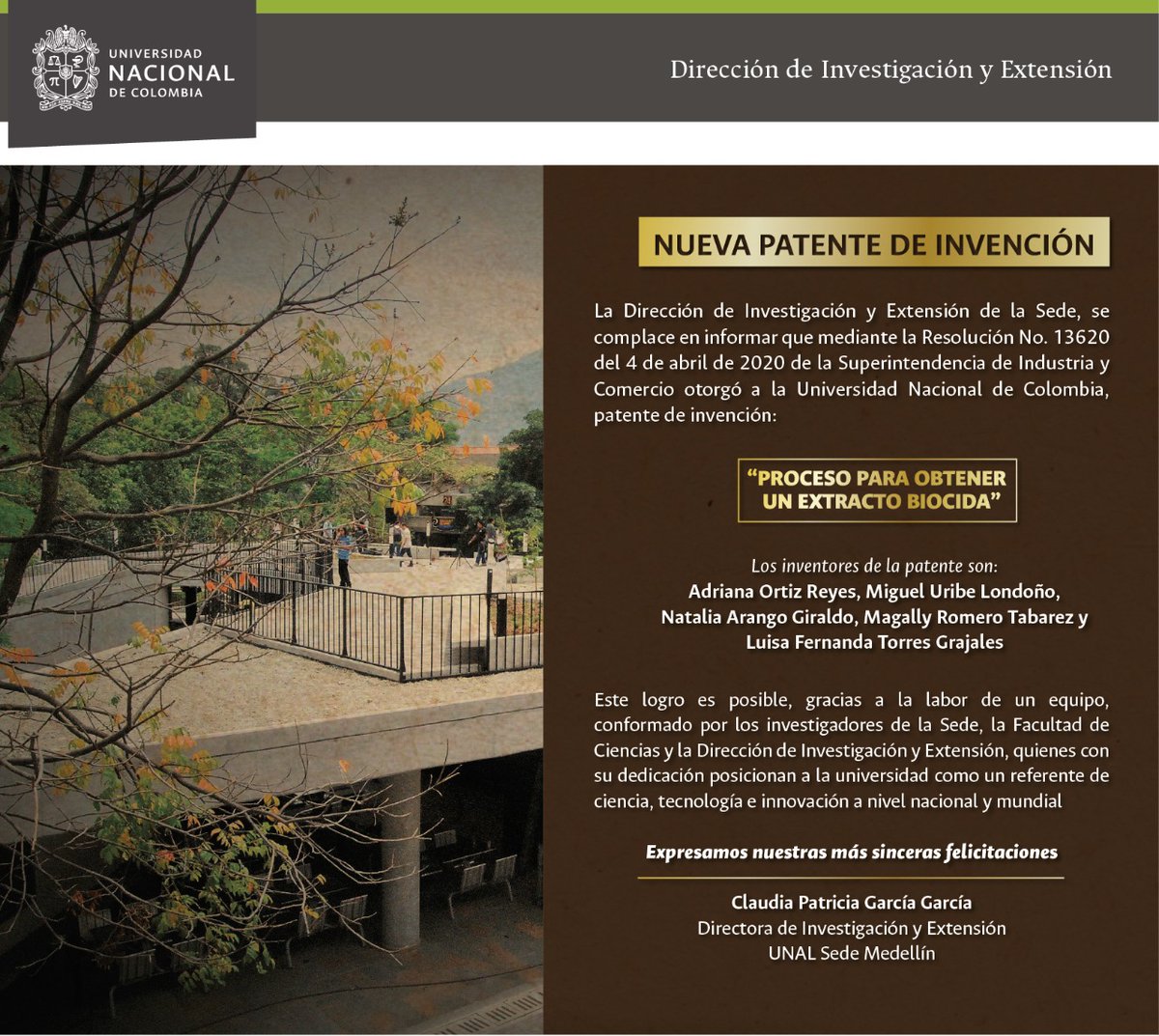 DieUNMed's tweet photo. #FelizViernesATodos  los que sentimos #OrgulloUNAL por el trabajo y dedicación de nuestros investigadores. 📣 Hoy contamos con una nueva patente de invención en la @UNALmedellin https://t.co/Lm9xsIK01R