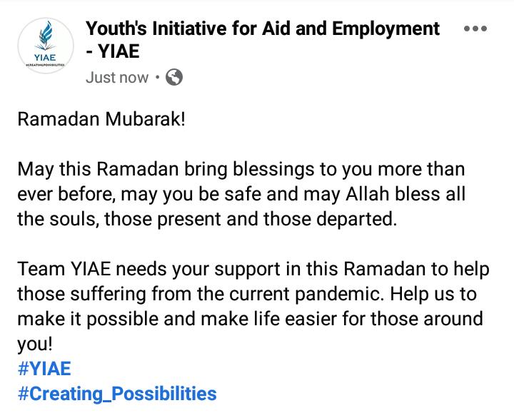 yiaeofficial's tweet photo. Ramadan Mubarak!
Team YIAE needs your support in this Ramadan to help those suffering from the current pandemic. Help us to make it possible and make life easier for those around you!
#YIAE
#Creating_Possibilities https://t.co/70oSAp6nJy
