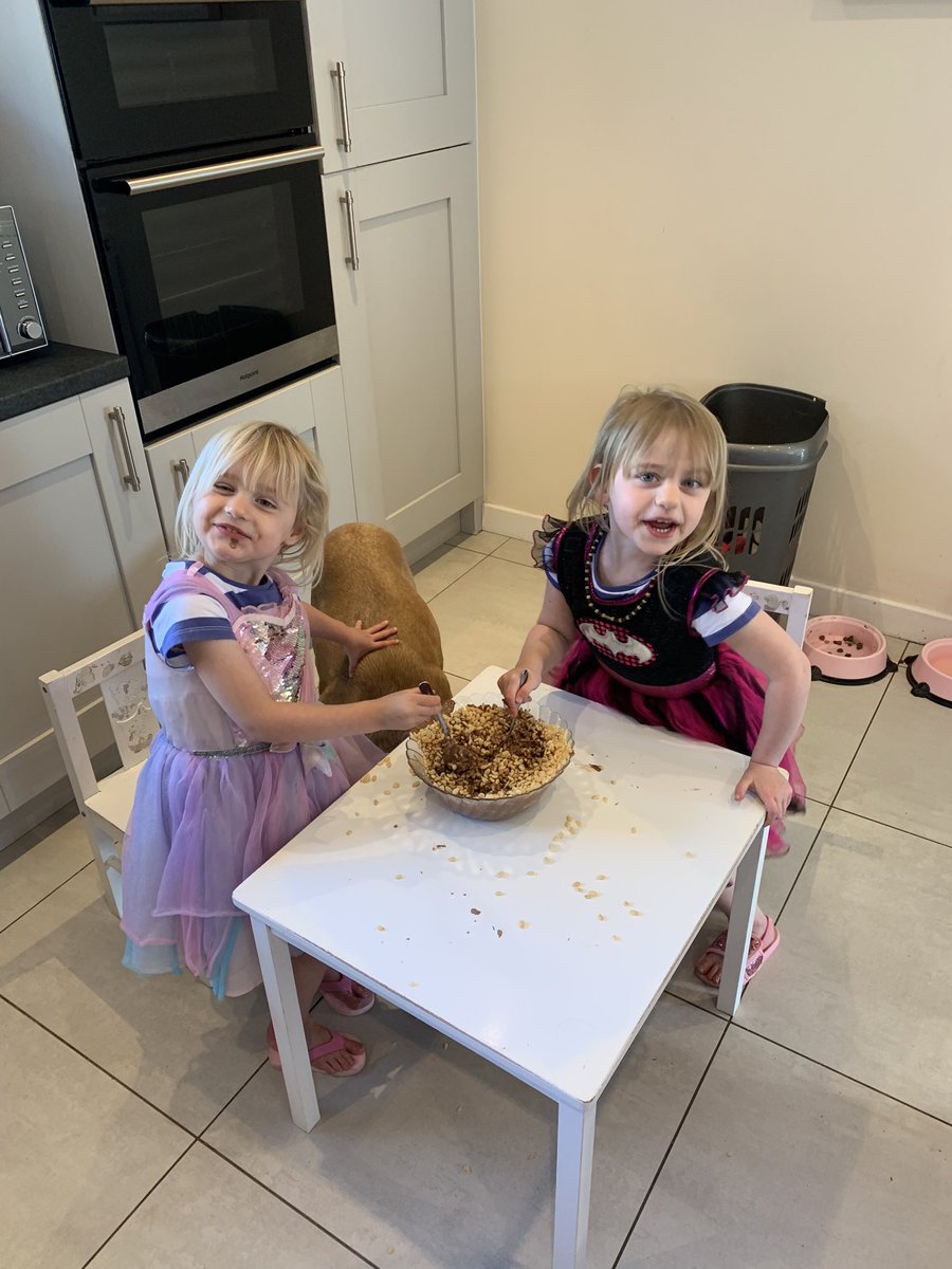 ChannelleF's tweet image. ⁦@KildrumC⁩ Bailey and Beau making crispie cakes with their leftover Easter eggs (Lexi trying to get get in on the act) x