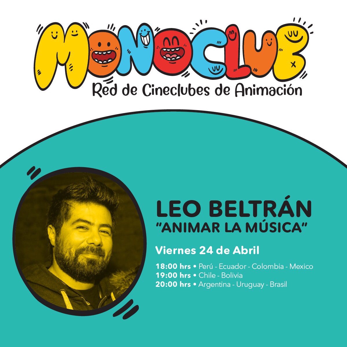 Chilemonos's tweet photo. #BuenViernes recuerden que hoy a las 19 horas, tenemos la primera conferencia online de Mono Club 🍿 Animar la Música con Leo Beltrán 🎬🎶
Inscripciones y toda la info https://t.co/ujcSkKWVdW 
@eligecultura #EligeCulturaEnCasa #QuedateEnCasa #musica #animacion #monoclub2020 https://t.co/wZcFSjkCgZ