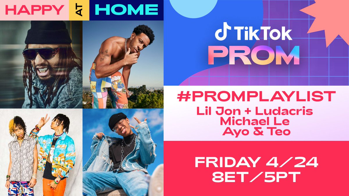 tiktok_us's tweet photo. ๐ค headlining your #PromPlaylist tonight is @LilJon with special guest @Ludacris at 5PM PT! followed by @officialayoteo and @justmaiko showing you the hottest moves. we're just one day away from #TikTokProm ๐ค https://t.co/fsEpiQRIC5