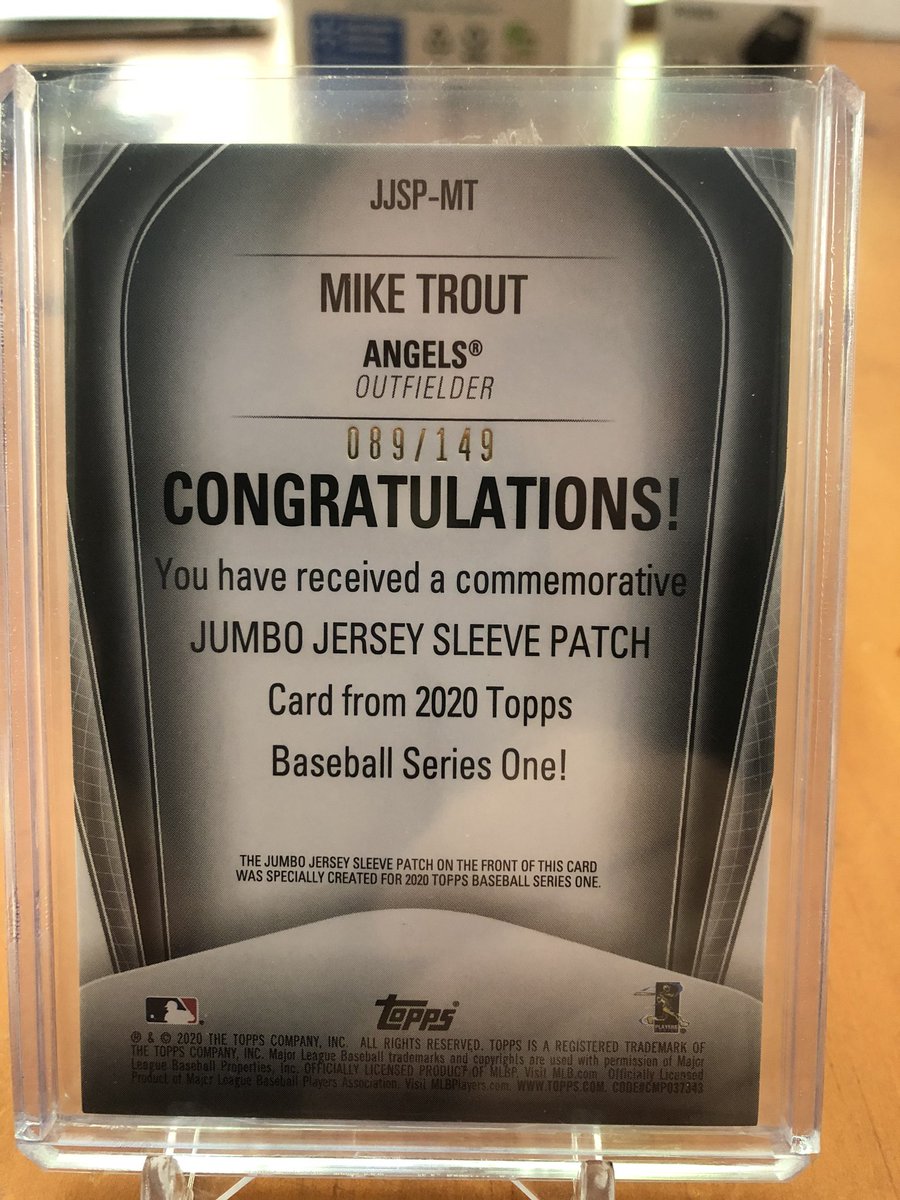 2020 Topps Series 1 Mike Trout Jumbo Jersey Sleeve Patch Black Parallel /149 $40