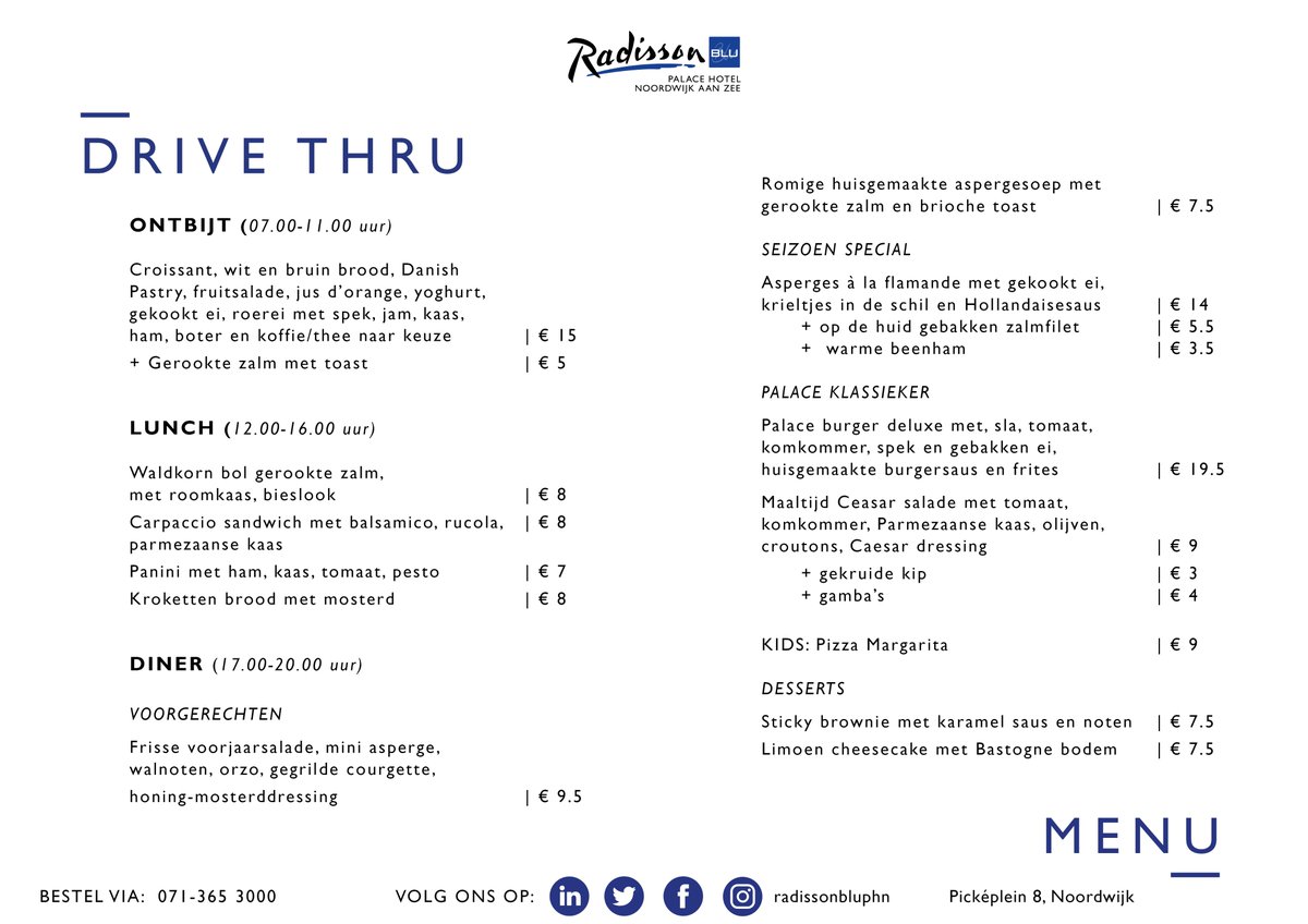 RadissonBluPHN's tweet image. We zijn gestart met Palace Drive Thru🚗🥐🥗. Check hier ons menu! Vergeet niet vooraf te bestellen via: 071-3653000  

#palacedrivethru #staysafe @ Radisson Blu Palace Hotel, Noordwijk aan Zee