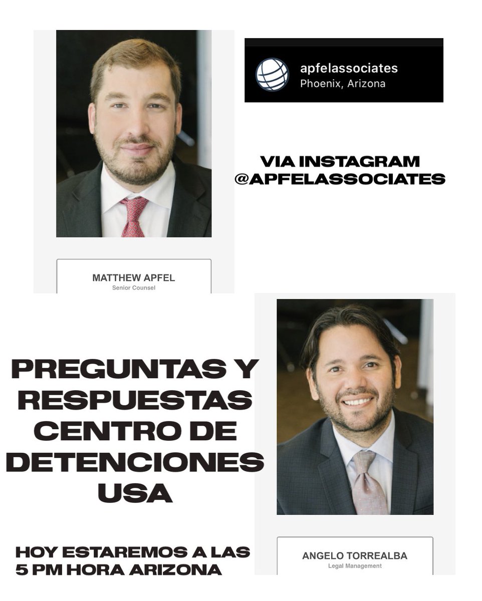 ApfelAssociates's tweet photo. Hoy, 5 pm-hora Arizona, conéctate al Live stream vía Instagram en nuestra serie de Preguntas y Respuestas sobre los Centros de Detenciones en USA.  #arizona #preguntasyrespuestas #livestream #inmigracionvenezolana #venezuela #USA https://t.co/7HAoIlKFNE