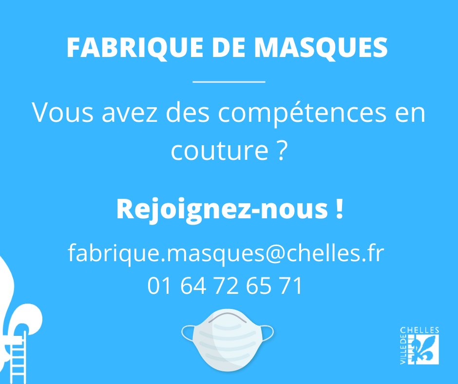 VilleChelles's tweet photo. FABRICATION DE MASQUES EN TISSU 😷
De nombreux Chellois se mobilisent pour fabriquer des masques alternatifs en tissu. La Ville a décidé d’accompagner cette belle initiative.  Ces masques en tissu viendront compléter les commandes faites par les services de la ville ⬇ https://t.co/4xtVrf18G7