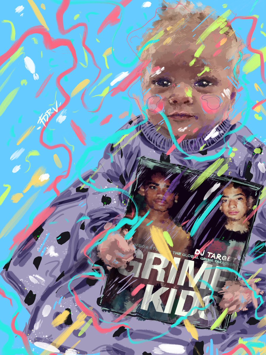 tdrvdesign's tweet photo. Grime Kid(s) • A couple days ago i saw @DJTarget share a photo of his baby daughter Eden 🌸 I instantly got inspired to create a painting linking her to his book “Grime Kids”. It was perfect, I wanted to materialise my idea in a playful/funky way with new techniques &amp; brushes💜 https://t.co/MUEkOQIgKX
