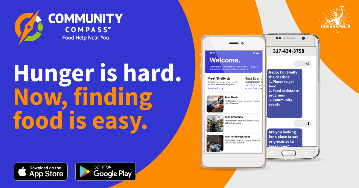 ReachMarionCo's tweet image. Check out Community Compass! Download it from the App Store or Google Play!

**If you don’t have a smart phone, you can use any mobile phone to text the word “hi” to 317-434-3758 to find assistance. #CommunityCompass #Hunger