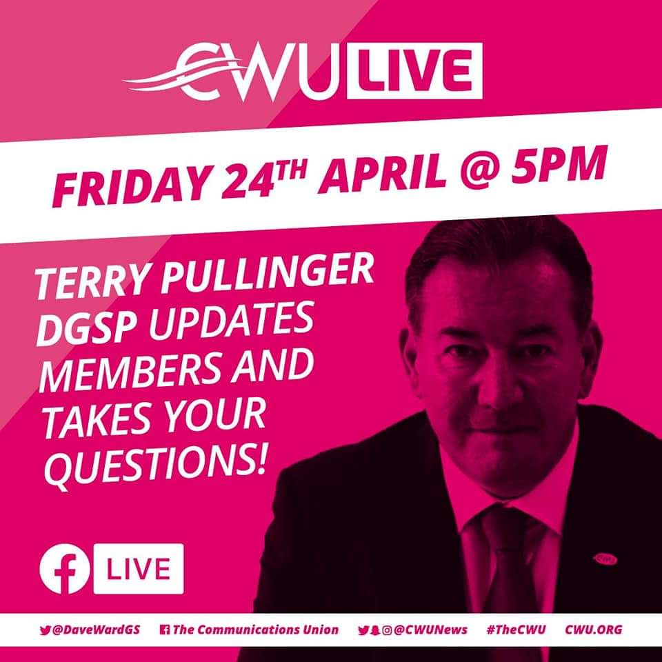 Darren_Fower's tweet photo. Today at 5pm ๐ #TheCWU โ DGSP #TerryPullinger ๐ฃ๏ธ "will update members."
Tune in via https://t.co/OQ4vPUBwyS
#TheCWU โ #ImWithMyUnion ๐ช #PostiesMatter ๐ #5pmStart ๐ https://t.co/GK8qloefMH