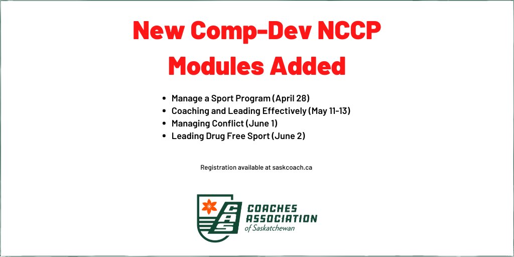 sask_coach's tweet photo. We've added some additional Comp-Dev #NCCP modules to our schedule.

Reminder: Until June 30th, CAS members will receive a full refund of the workshop fee following successful completion of the training.

Register for the workshop or become a CAS member⬇
https://t.co/fuBzqAaHNY https://t.co/sPOS7JaOoB