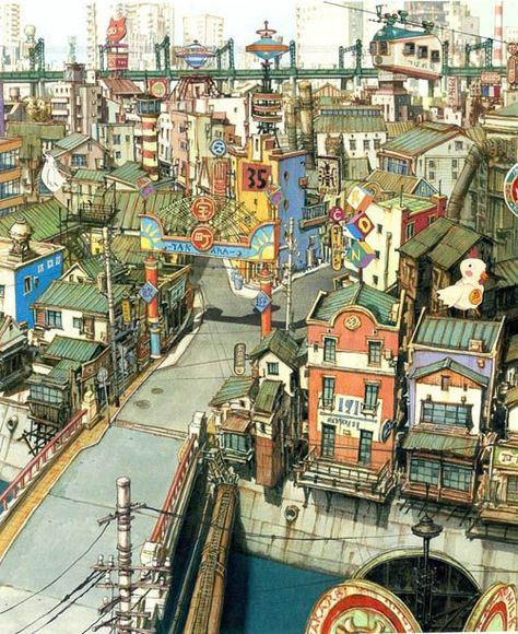 The environment work of Studio 4°C for Tekkonkinkreet and Mutafukaz. Shōjirō Nishimi, Michael Arias and of course Shinji Kimura smashing it.