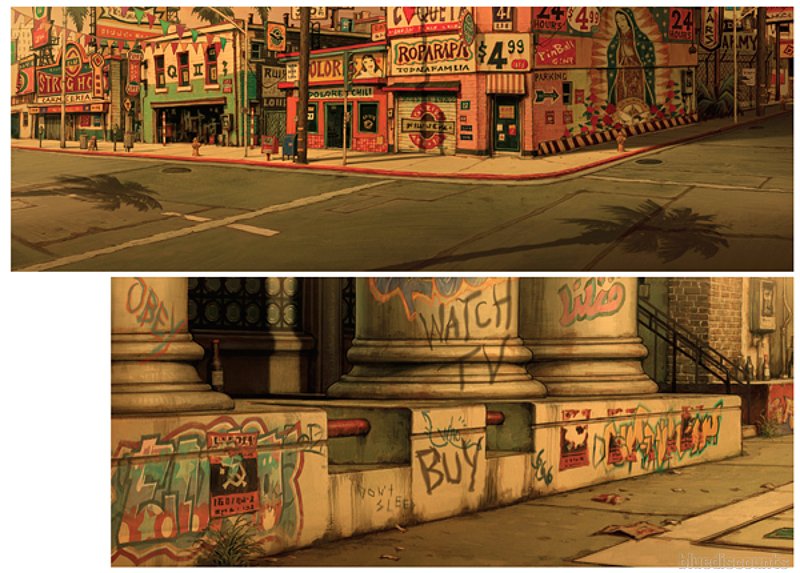 The environment work of Studio 4°C for Tekkonkinkreet and Mutafukaz. Shōjirō Nishimi, Michael Arias and of course Shinji Kimura smashing it.