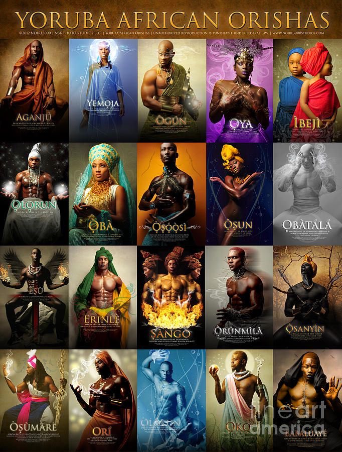 Les Orishas sont les « Dieux de L’Afrique ». Ce sont des êtres divin, issus de la tradition religieuse des « Yoruba » qui représentent les forces de la nature. Avec la traite négrière, la croyance envers ces divinités s’est exportée à travers le monde.