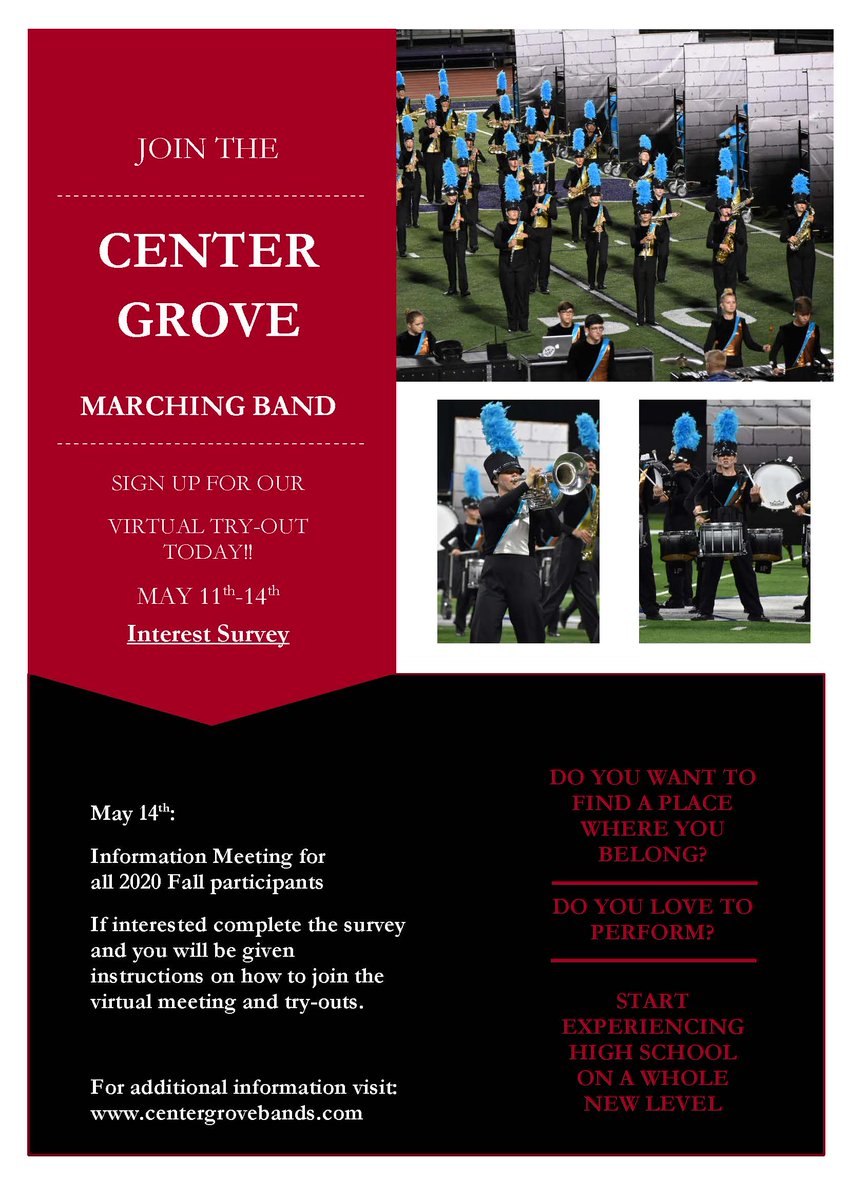 No one does high school like us!  Join the Center Grove Marching Trojans!
Fill out the survey for more details!
ow.ly/Bg3J50znBxi