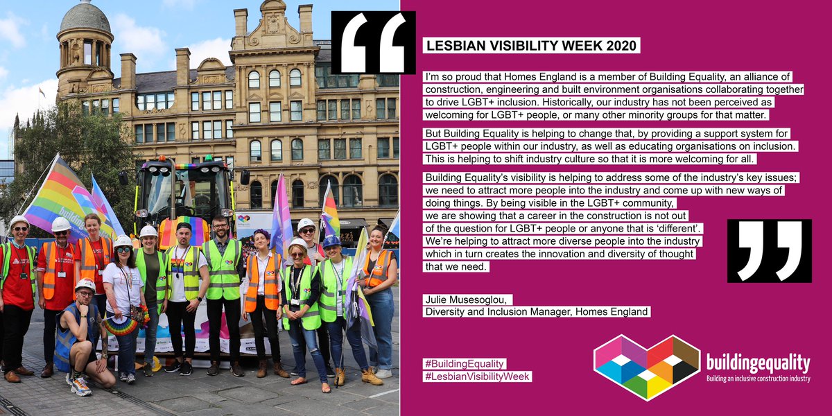 #BuildingEquality are celebrating the first ever #LesbianVisibilityWeek and what a busy and inspiring week it has been. We wanted to use this opportunity to provide a platform and spotlight one of our member reps, <a href="/JulieMusesoglu/">Julie Musesoglu</a>, Diversity and Inclusion Manager, <a href="/HomesEngland/">Homes England</a>