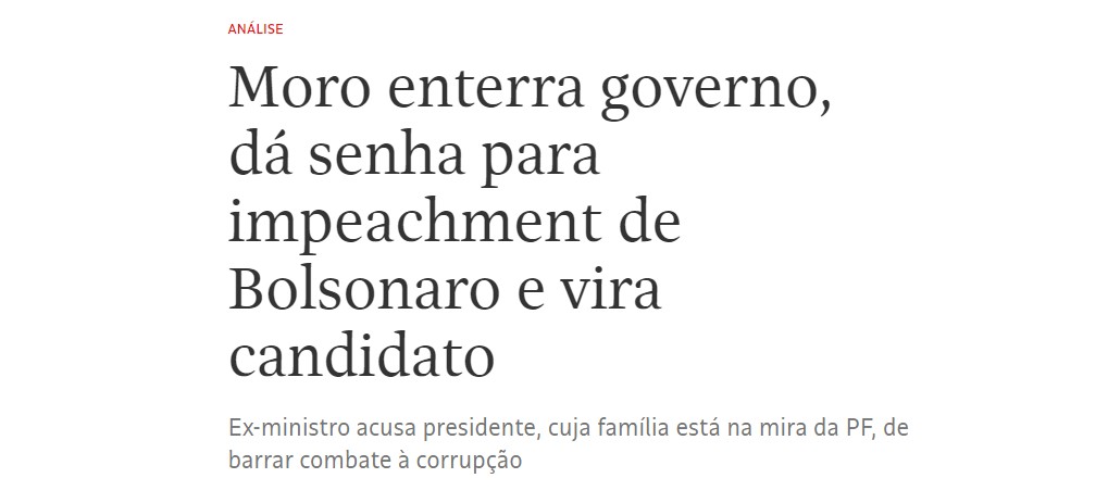 jmkarg's tweet photo. "Moro entierra al gobierno, da señal para el impeachment de Bolsonaro y se vuelve candidato". Así lo ve Igor Gielow en análisis para Folha. Fuerte. https://t.co/SlzsODOZMe