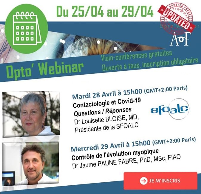 LPrecilens's tweet photo. Ne manquez pas les #webinaires des Drs. Louisette Bloise (sur la contactologie &amp; Covid-19) et Jaume Pauné Fabre (sur le contrôle de l'évolution myopique) la semaine prochaine, organisés par @OptoAOF ! Inscriptions sur ➡ https://t.co/muI89H2ld5 https://t.co/IyrgeBW5tw