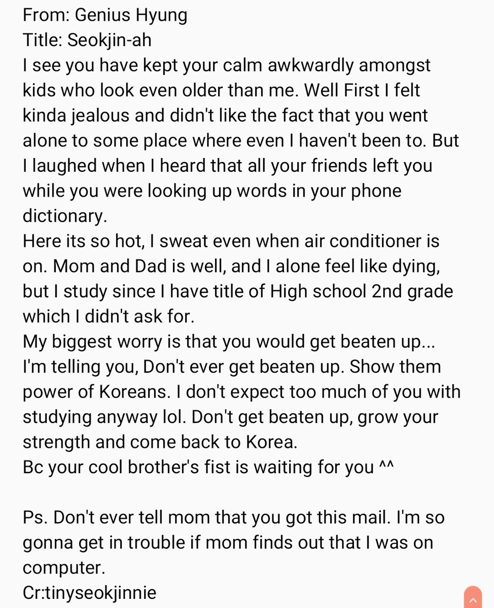 Seokjin& #39;s letter to his parents during Australia English CampLetter from Seokjin& #39;s older brother to Seokjin in Australia English camp.