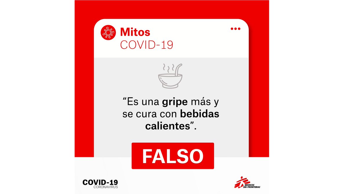 MSF_Argentina's tweet photo. 🔴 ¡Derribemos mitos! ¿Nos ayudás a combatir la #infodemia?

✅ El #COVID19 no es una gripe, es una enfermedad respiratoria que puede generar neumonías complicadas y no mejora con infusiones. Los pacientes con coronavirus deben ser tratados por personal médico. https://t.co/6owr56DOL6