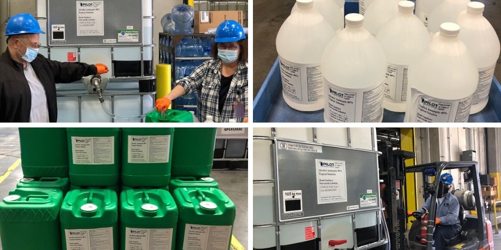 PilotChemical's tweet photo. As part of our effort to help frontline workers in the fight against #COVID19, we are donating 550 gallons of FDA-compliant hand sanitizer to organizations in the communities where we operate. #ChemistryResponds #SolutionsforAll #CleanandSafe https://t.co/GIDM5AVhwM