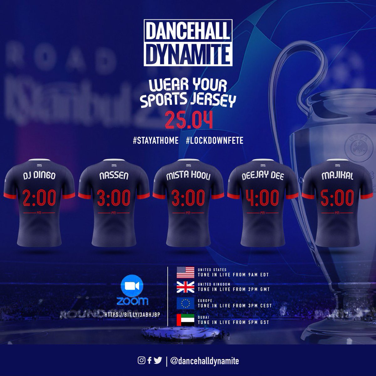 🇯🇲 *DANCEHALL DYNAMITE* 🇯🇲

#DancehallDynamite party we ah party live on Zoom

DJ’s 🎧:
<a href="/dingosuniverse/">🇬🇩Dj Dingo🇯🇲 Jablo Escobar</a>
<a href="/nassenuk/">Nassen</a>
<a href="/mistahooli/">Mista Hooli</a>
<a href="/DeejayDeeUk/">Deejay Dee</a>
<a href="/majikaluk/">Majikal UK</a>

Playing The Best In Reggae, Ragga, Old, Mid &amp; New School Dancehall

Sat 25th April : 2pm - 6pm

Register: bit.ly/3abHjBp