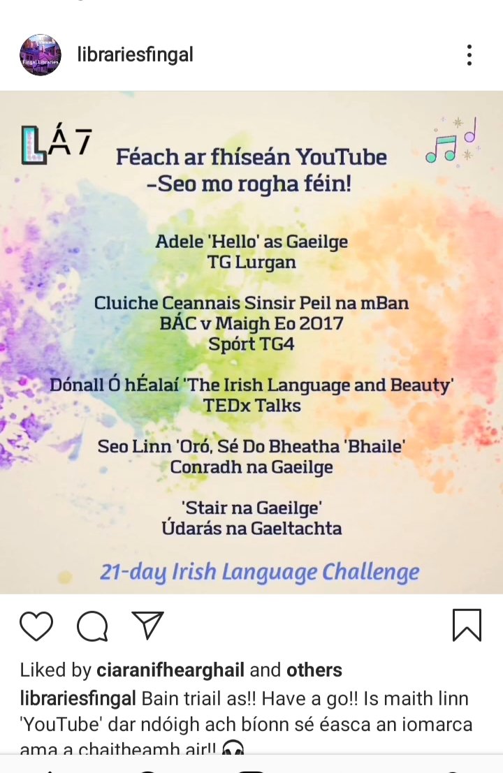 Fingalcoco's tweet photo. Are you doing the wonderful @fingallibraries 21 day Irish Language Challenge on Instagram. Féach ar lá 6 &amp; 7 thíos: Scríobh faoi do lá &amp; féach ar fhíseán YouTube.  You can check out the RB Digital App to learn a language on Transparent Languages online.
 Bain triail as! #Gaeilge https://t.co/spQTWAt04C