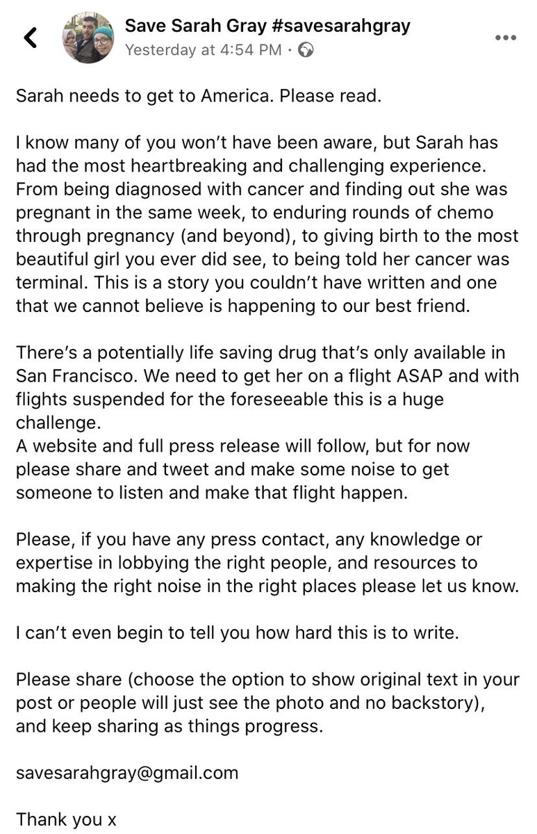 PLEASE READ ❤️ 

Sarah is a good friend and fellow GB shooter who is trying to get to America for treatment as soon as possible for terminal cancer. 

Please share as far and wide as possible, and anyone who can help please get in touch!

#savesarahgray #help #pleaseshare #USA