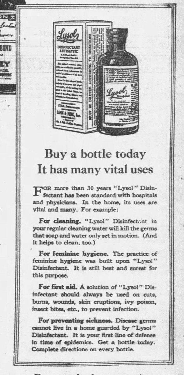 KarenBlu's tweet photo. Today's history moment: From the early 1900s until about mid-century, Lysol WAS used inside the body--for feminine hygiene. It was sometimes touted for birth control, though it didn't prevent pregnancy. Here's an ad from the NY Daily News, 1927: https://t.co/eoIUpTTB07
