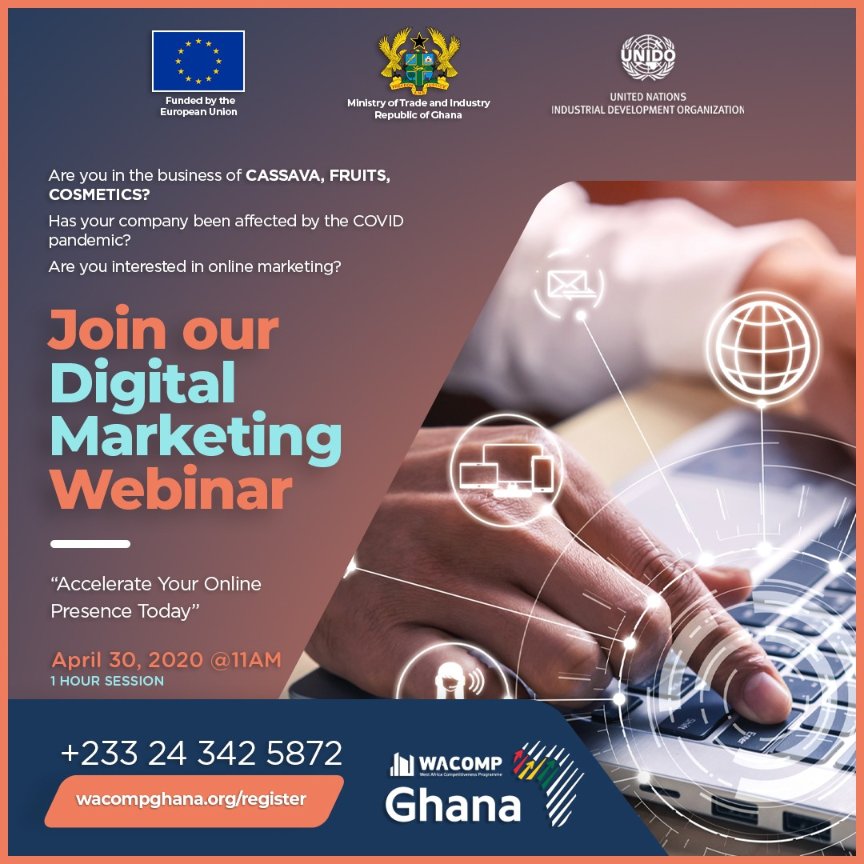 WACOMPGhana's tweet photo. #ComingUp on the 30th of April is a free online training by @UNIDO #WACOMP 🇬🇭 funded by @EuropeInGhana. Register  here 👇https://t.co/UElNnyLGtp
@UNIDO_QI @wacomp_ecowas @UNIDO_Ghana @UNinGhana #CompeteGhana #SDG5 #SDG8 #SDG9 https://t.co/hNNjplRwNP