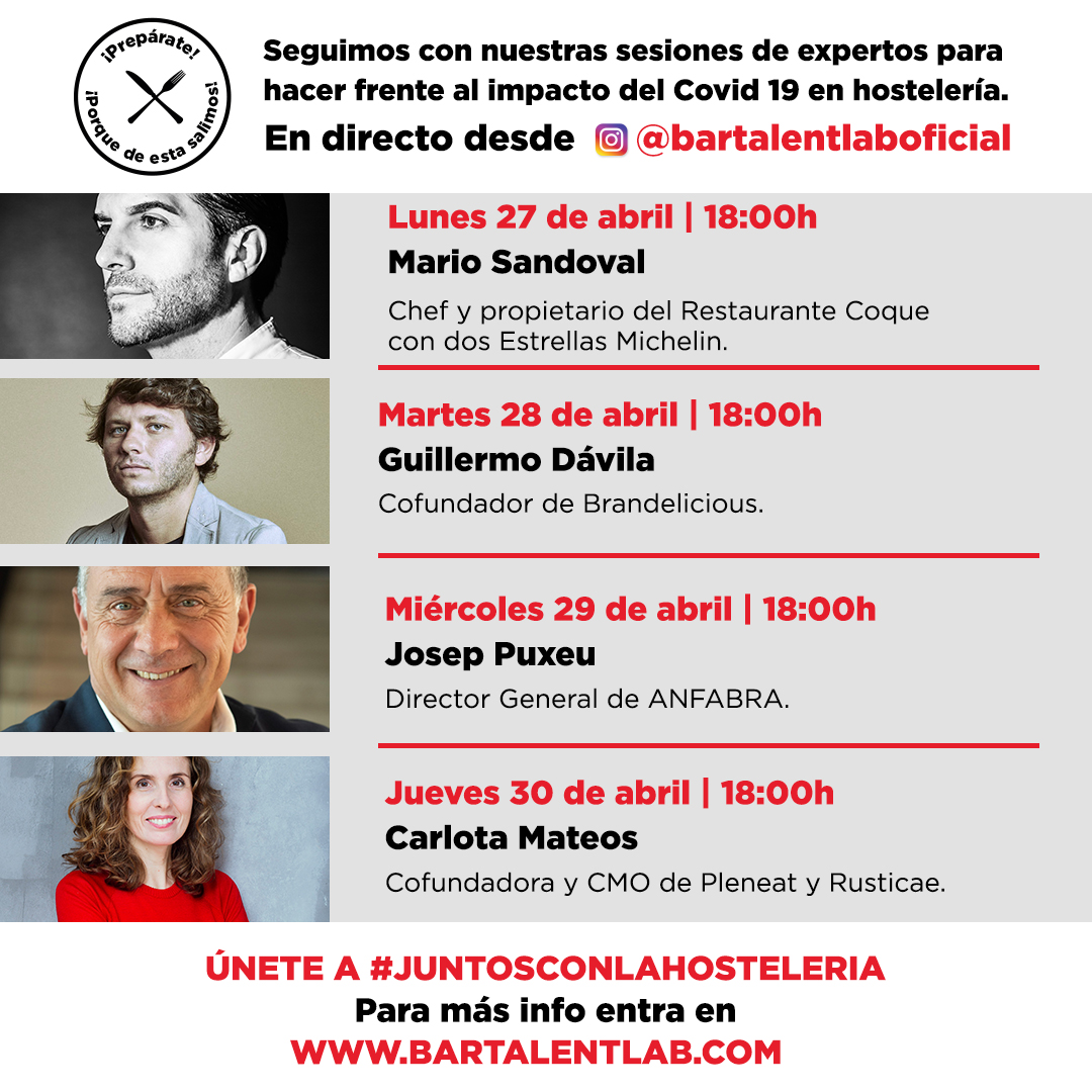 Los próximos directos de Instagram de @bartalentlaboficial serán: Mario Sandoval, propietario de Restaurante Coque, Guillermo Dávila, cofundador de Brandelicious, Josep Puxeo, director general de Anfabra, y Carlota Mateos, cofundadora y CMO de Pleneat. bit.ly/3cHo4Bu