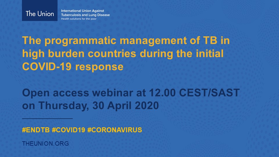TheUnion_TBLH's tweet photo. ▶️ #OPENACCESS WEBINAR: As #COVID19 spreads it’s vital to ensure #TB care continues. Join experts from @WHO @HelenJosephHos @uctcider &amp; @HealthZA to discuss the programmatic management of TB in high burden countries during the initial #COVID19 response. https://t.co/3vXftC76oE https://t.co/CeEzJ7b5bj