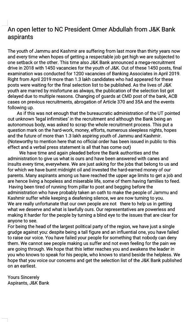 listenkashmir's tweet photo. An open letter to NC President Omer Abdullah from J&amp;K Bank aspirants
@OmarAbdullah  @JKNC_  @SaraHayatShah  @tanvirsadiq  
https://t.co/mRe1CtGHgs https://t.co/lqKZbiFzO9