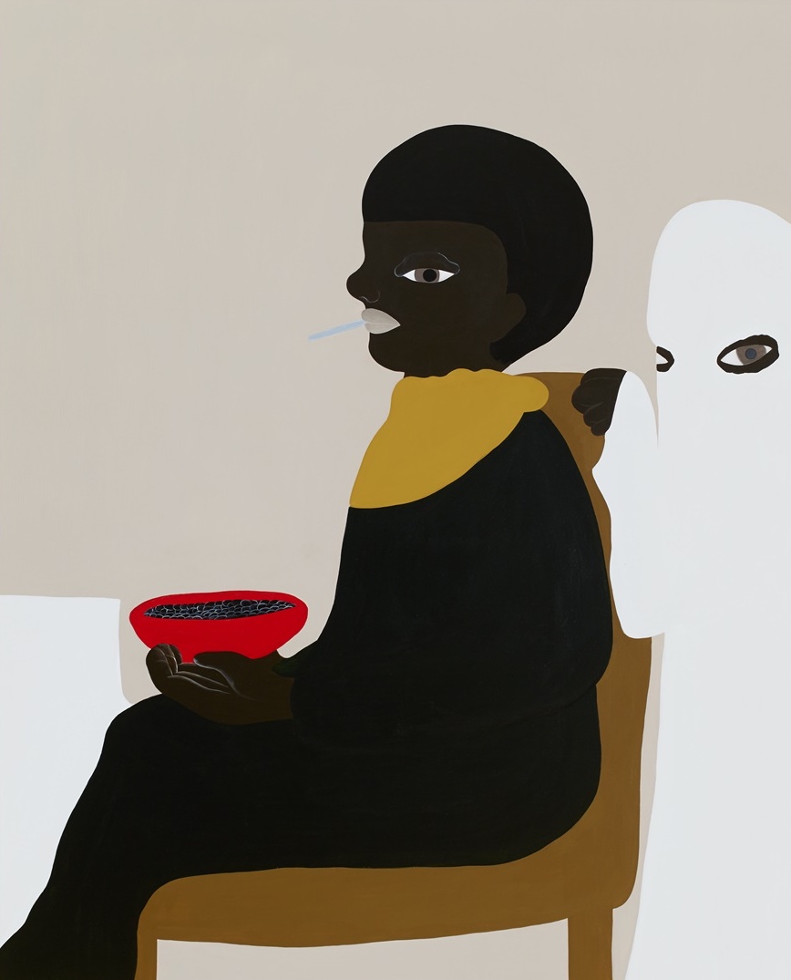 Paintings by Japanese-Brazilian artist Asuka Anastacia Ogawa, 2010s, known for her large-scale canvases featuring androgynous black figures that are at times playful, at others eerie