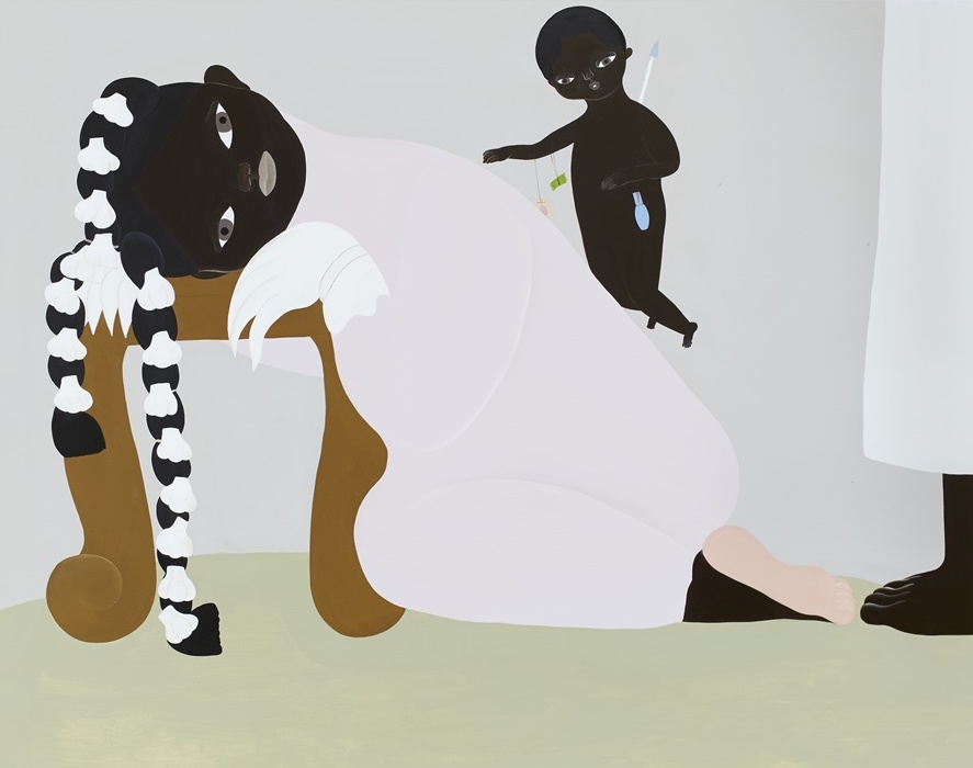 Paintings by Japanese-Brazilian artist Asuka Anastacia Ogawa, 2010s, known for her large-scale canvases featuring androgynous black figures that are at times playful, at others eerie