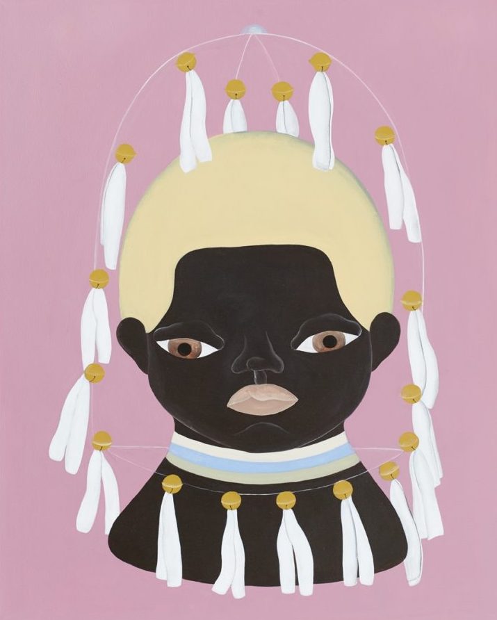 Paintings by Japanese-Brazilian artist Asuka Anastacia Ogawa, 2010s, known for her large-scale canvases featuring androgynous black figures that are at times playful, at others eerie