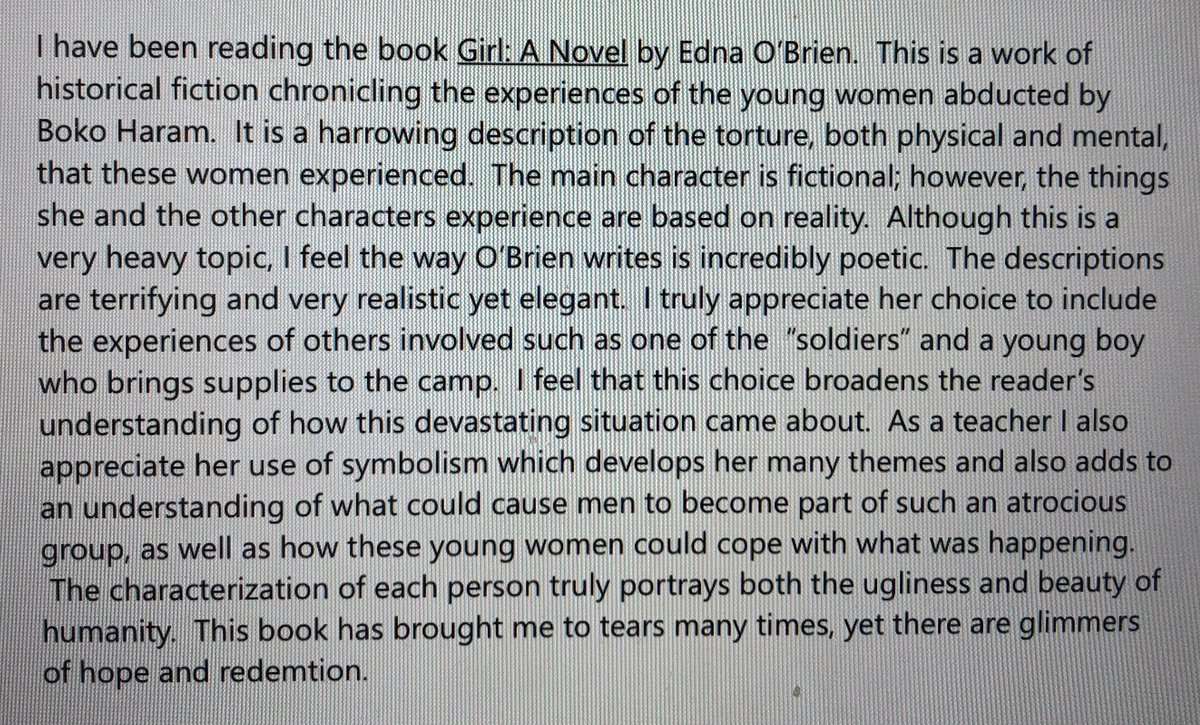 thsmediacenter's tweet photo. Today we will feature a book review by Mrs. Cristina Hudgins Davis!
Book: Girl: A Novel by Edna O’Brien https://t.co/4Cq1gmBNoF