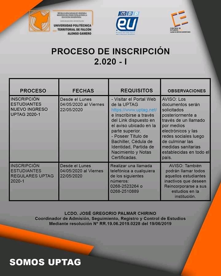 UPTAG_FALCON's tweet photo. #24Abr ¦ #EducarHaciendo
📢 ATENCIÓN
La #UPTAG anuncia cronograma de incorporación 2020 - I

“Enseñen, y tendrán quien sepa; eduquen, y tendrán quien haga.
Simón Rodríguez

#SomosUPTAG ❤️📚🇻🇪 https://t.co/yc7lVSXHsr
