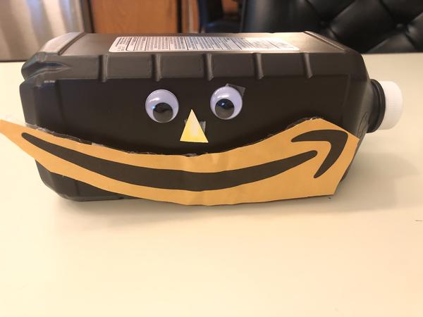 This FGES 5th grade artist captures the essence of the times perfectly with his transformed object sculpture! Hydrogen peroxide bottle and Amazon swoosh.