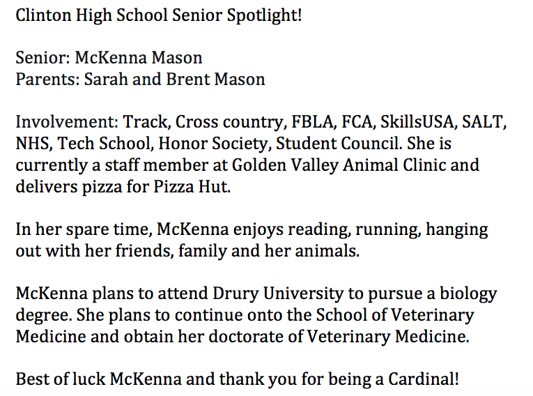 CHSCards's tweet photo. Clinton High School Senior Spotlight!

@ClintonMoCards @KDKDRadio https://t.co/F28VPDccKh