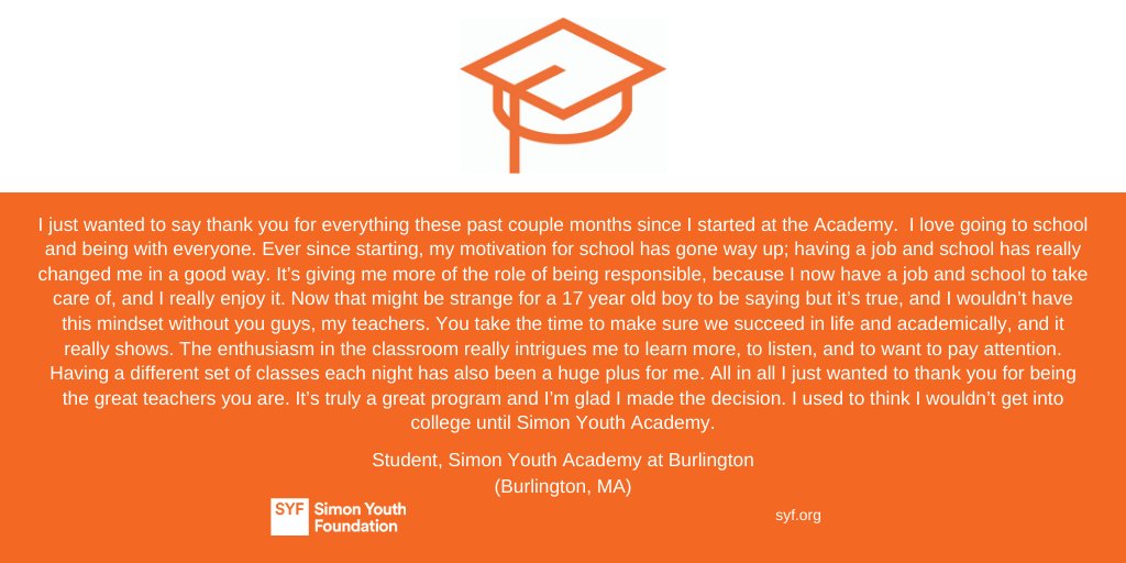 simon_youth's tweet photo. A student at Simon Youth Academy at Burlington shared this sentiment in a letter to his teachers today, and we just loved hearing what a wonderful experience he's had at his local Academy. Kudos to @JillMacGraham and her team for all they do! #InTheirOwnWords https://t.co/qvLJtTh72B